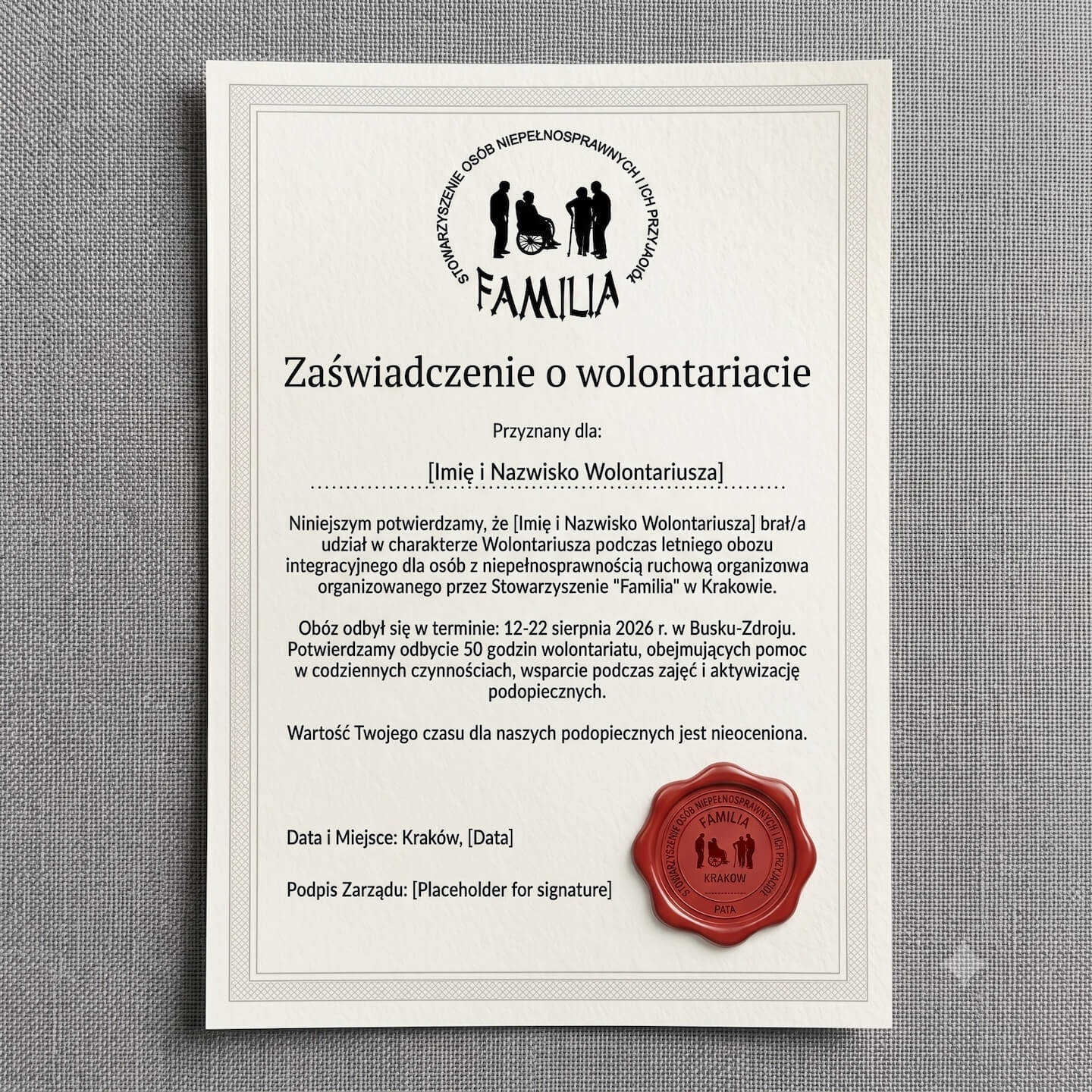 Certyfikat wolontariatu Stowarzyszenia Familia